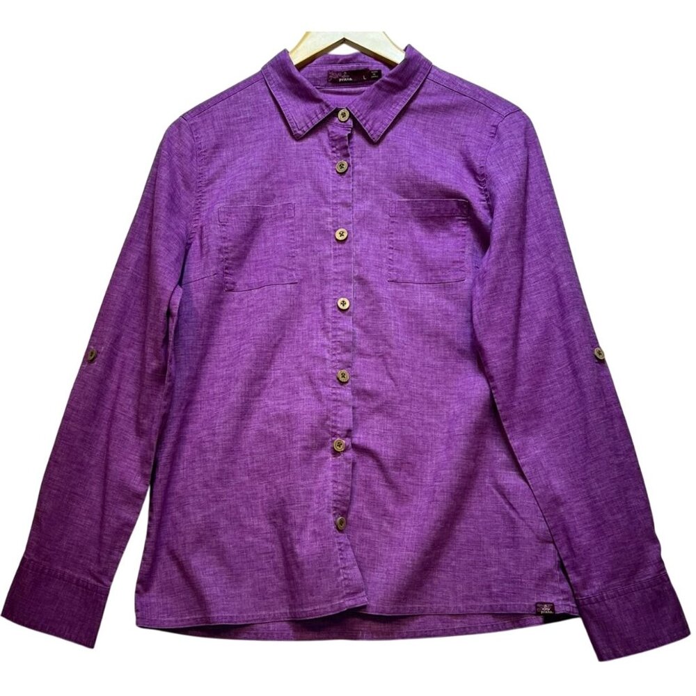 Prana Women's Button Down Shirt Long Sleeve Lightweight Size L Purple Pockets